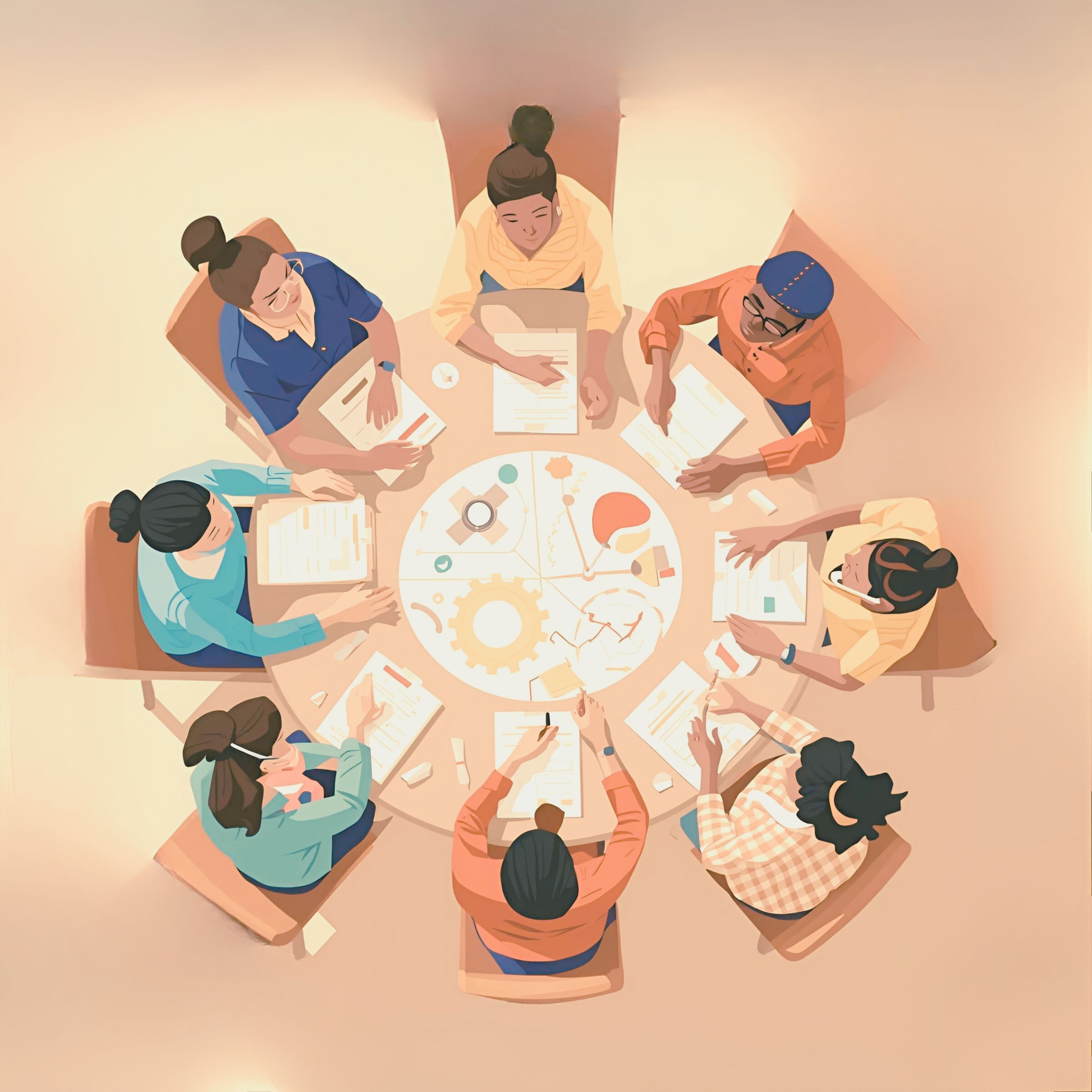 Program Design Table with 8 people and papers on the center of the table
