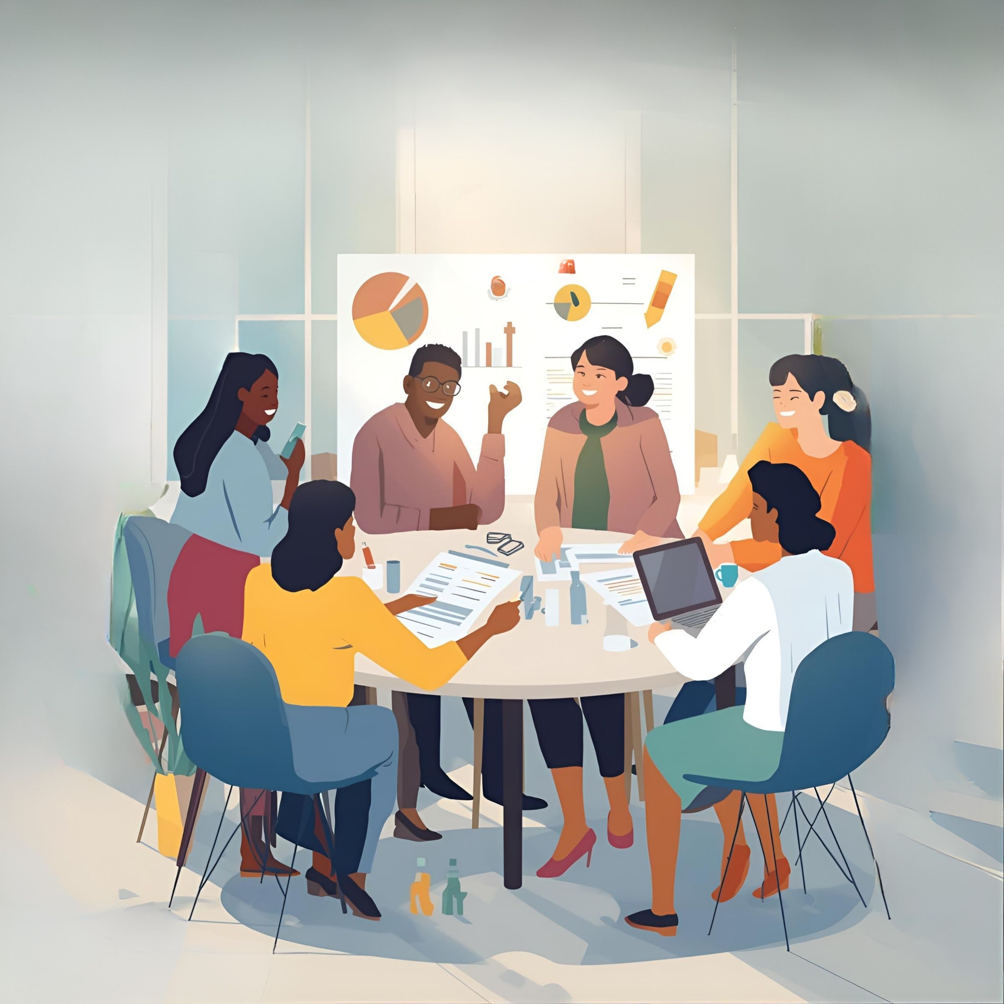 7 adults sitting around a round table viewing graphs and charts
