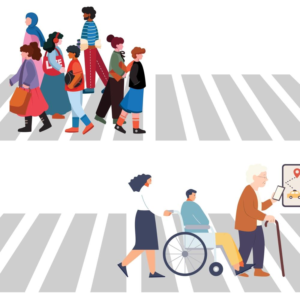 drawing of diverse people walking, and/or riding in a wheelchair, across two crosswalks which are aligned vertically. One older person is using a phone to navigate a map
