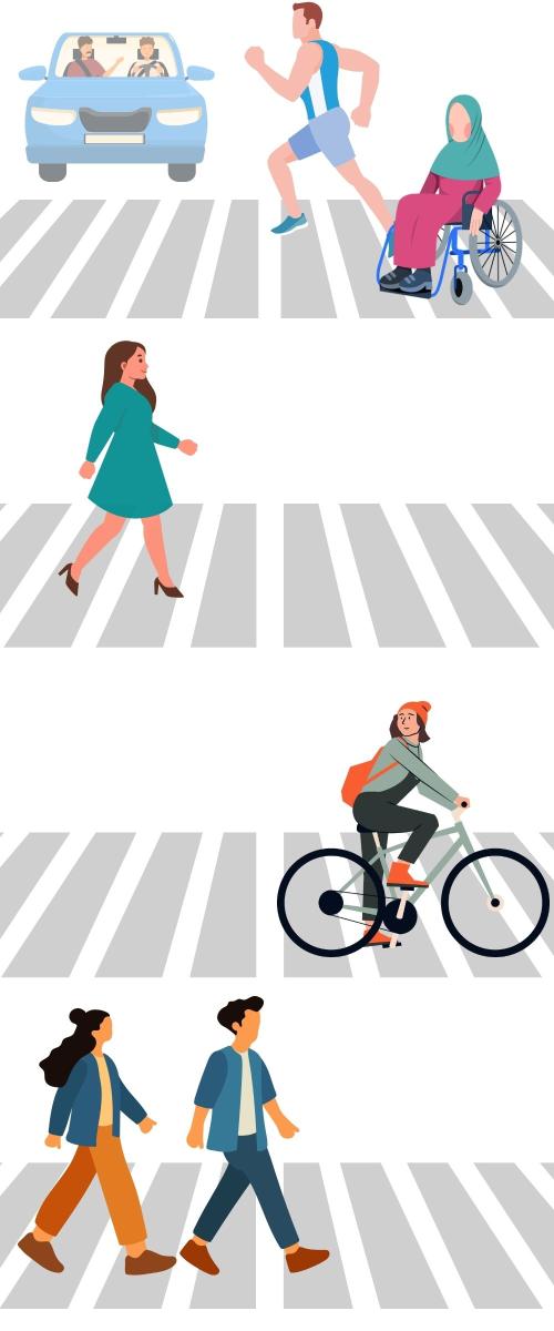 diverse people walking across four crosswalks which are aligned vertically on a page